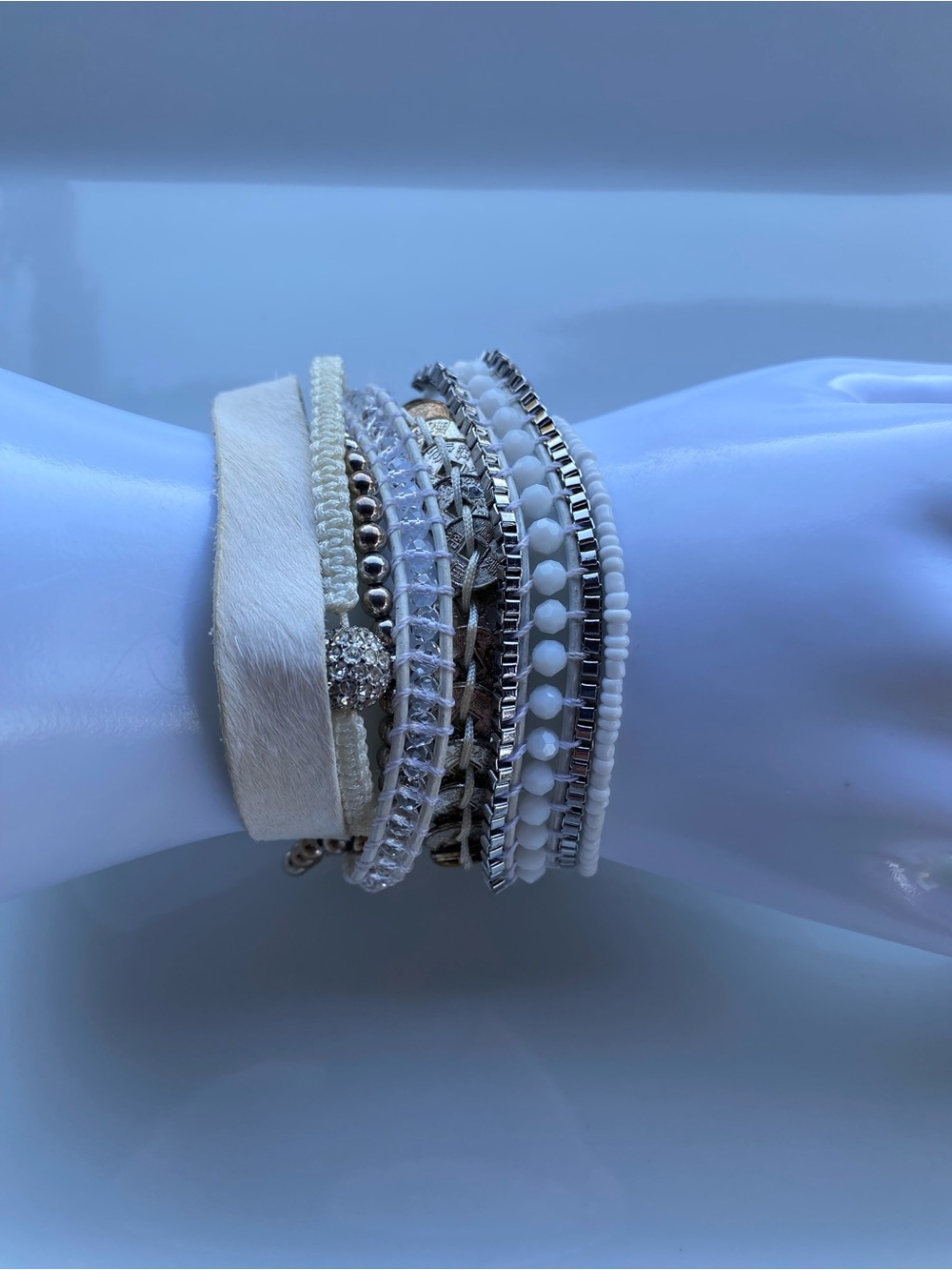 Victoria Emerson White and Silver Layered Wrap Bracelet